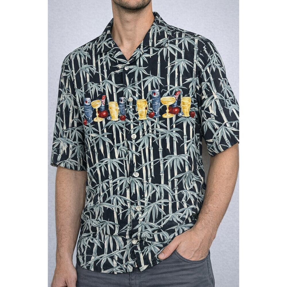 Pierre Cardin Bamboo Cocktail Print‎ Hawaiian Shirt Mens M Rayon Party